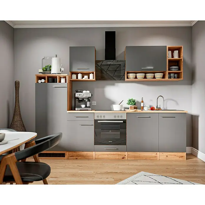 Respekta Composición de cocina Hilde - Ancho: 280 cm, Gris, Con electrodomésticos - Moderna cocina gris con detalles en madera, creando un ambiente elegante y funcional. La combinación de colores es atractiva.