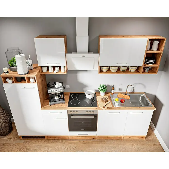 Respekta Composición de cocina Hilde - Ancho: 280 cm, Blanco, Con electrodomésticos - Cocina luminosa con armarios blancos y detalles de madera, fregadero, fogones y cafetera para un espacio moderno y funcional.
