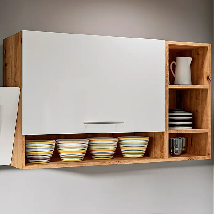 Respekta Composición de cocina Hilde - Ancho: 250 cm, Blanco, Con electrodomésticos - Armario de cocina con puerta blanca, estantes abiertos y cuencos coloridos. Ideal para guardar platos y objetos decorativos.