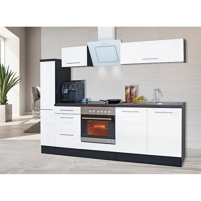 Respekta Premium Composición de cocina (Ancho: 240 cm, Con dispositivos eléctricos, Blanco de alto brillo)