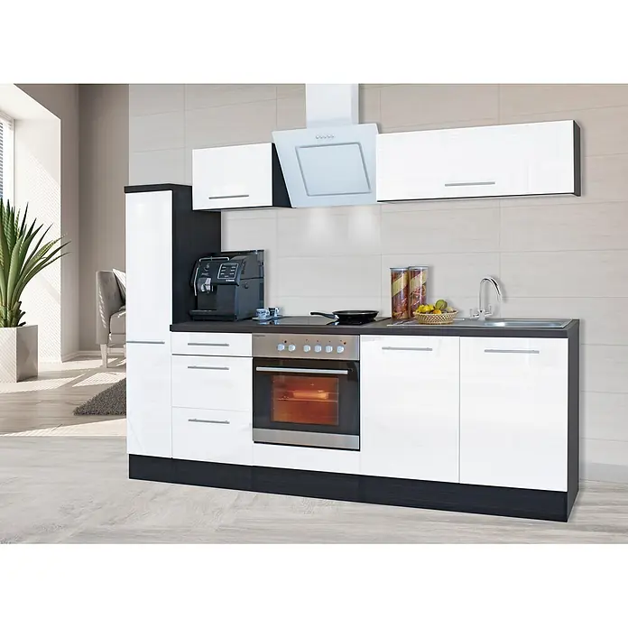 Respekta Premium Composición de cocina Amanda Alto - Ancho: 240 cm, Roble/Blanco, Con electrodomésticos - Conjunto de cocina moderno blanco brillante con detalles oscuros, horno, placa y fregadero integrados, en habitación luminosa.