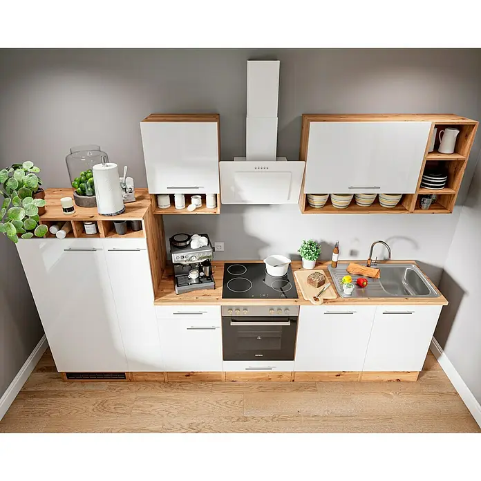 Respekta Composición de cocina Hilde - Ancho: 310 cm, Blanco, Con electrodomésticos - Cocina moderna con armarios blancos, encimeras de madera, vitrocerámica, horno, fregadero y campana extractora para una experiencia culinaria elegante.