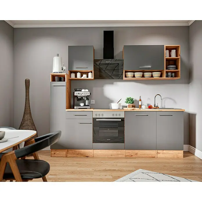Respekta Composición de cocina Hilde - Ancho: 250 cm, Gris, Con electrodomésticos - Cocina moderna en gris y aspecto de madera con electrodomésticos integrados e iluminación elegante para un ambiente acogedor.