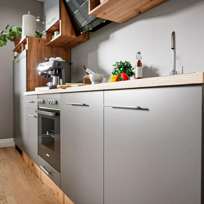 Respekta Composición de cocina Hilde - Ancho: 310 cm, Gris, Con electrodomésticos - Una cocina moderna con armarios grises, una encimera de madera y detalles elegantes. La cocina tiene un diseño acogedor y funcional.