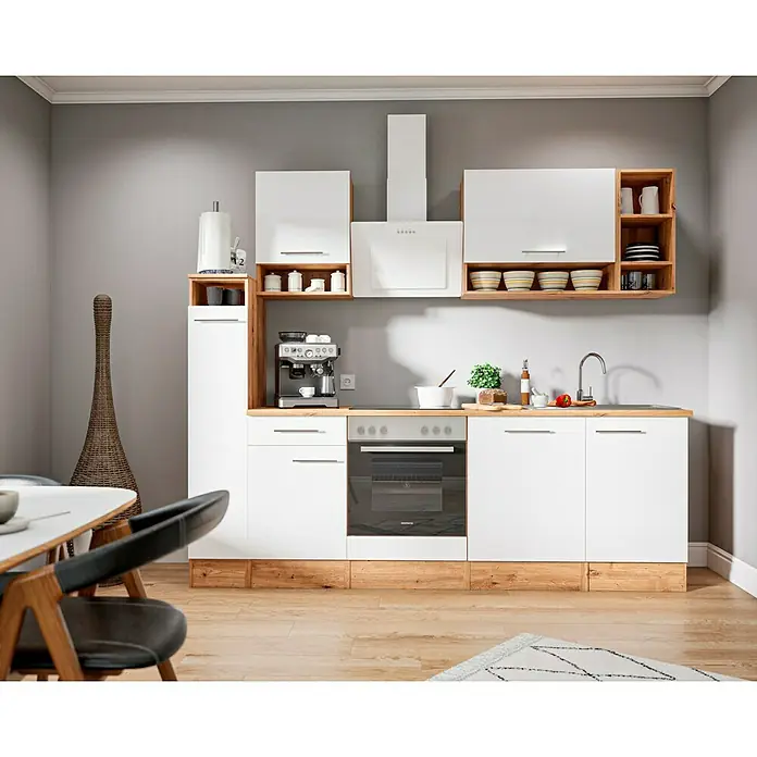 Respekta Composición de cocina Hilde - Ancho: 250 cm, Blanco, Con electrodomésticos - Una cocina moderna con armarios blancos, encimeras de madera y electrodomésticos de acero inoxidable, creando un espacio elegante y funcional.