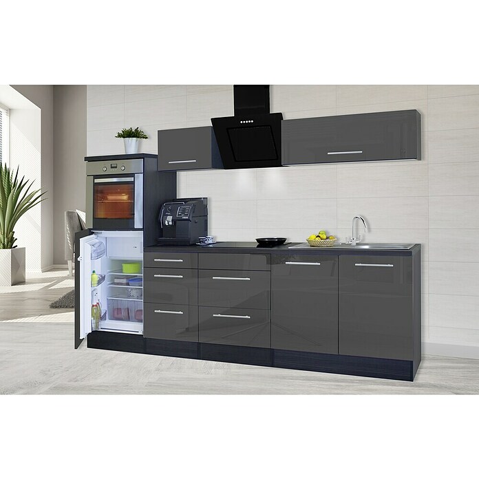 Respekta Premium Composición de cocina (Ancho: 270 cm, Con dispositivos eléctricos, Gris de alto brillo)