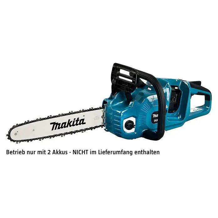 Makita LXT 18V Akku-Kettensäge DUC353Z - 36 V, Li-Ionen, Ohne Akku, Schwertlänge: 35 cm - Abbildung einer Akku-Kettensäge von Makita, Modell DUC254Z. Die Kettensäge ist blaugrün und schwarz, mit einer weißen Schwert.