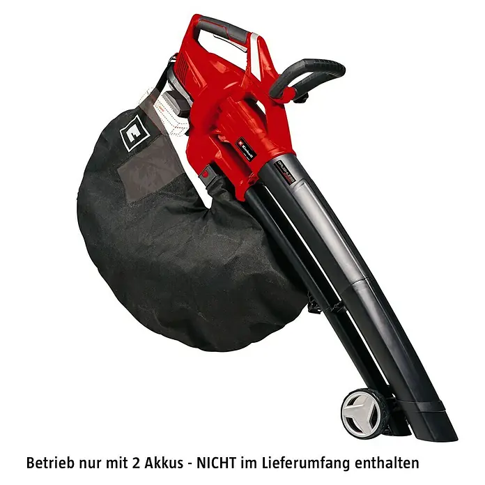 Einhell Power X-Change 18V Akku-Laubsauger GE-CL 36 Li E-Solo - Akkuspannung: 18 V, Ohne Akku, Blasgeschwindigkeit: 210 km/h - Abbildung eines roten und schwarzen Laubsaugers mit einem schwarzen Fangsack, der auf einem schwarzen Hintergrund steht.