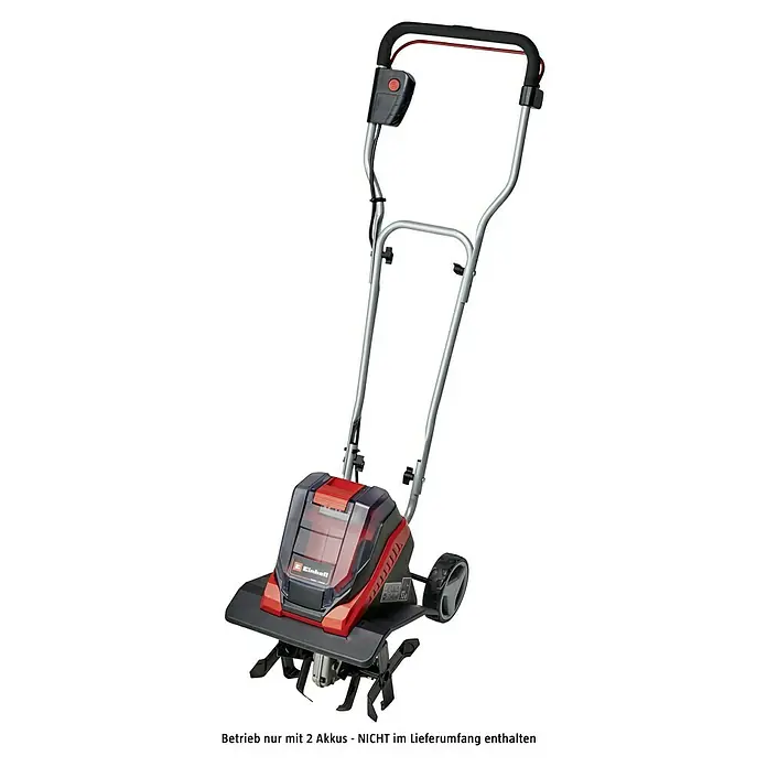 Einhell Power X-Change 18V Akku-Bodenhacke GE-CR 30 Li-Solo - Anzahl Akkus: Ohne Akku, Li-Ionen - Einhell Akku-Bodenhacke GE-CR 18/20 Li-Solo, ein Gartengerät zum Auflockern und Belüften des Bodens, mit roten und silbernen Akzenten.
