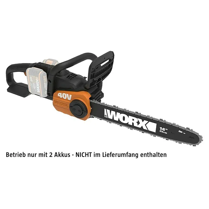 Worx PowerShare 20V Akku-Kettensäge WG384E.9 - Akkuspannung: 40 V, Li-Ionen, Ohne Akku, 35 cm - Eine WORX 40V Akku-Kettensäge mit einem 35 cm Schwert für Baumschnitt und Brennholzarbeiten. Ideal für den Garten.