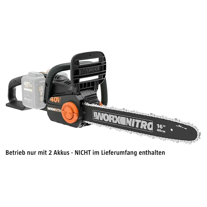 Worx PowerShare 20V Akku-Kettensäge WG385E.9 - 20 V, Li-Ionen, Ohne Akku, Schwertlänge: 40 cm - Das Bild zeigt eine WORX Nitro Akku-Kettensäge. Eine leistungsstarke und kabellose Lösung für Baumschnittarbeiten.