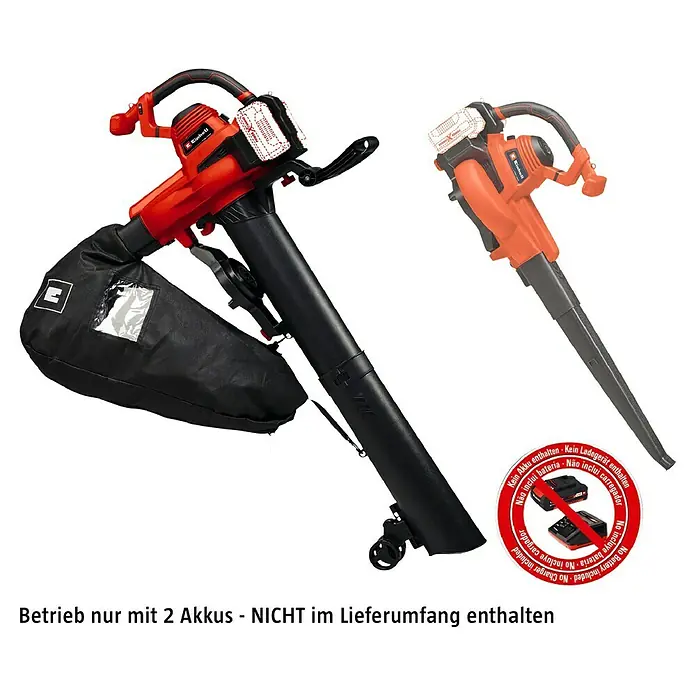 Einhell Power X-Change 18V Akku-Laubsauger & -Laubbläser 36/230 LI E-SOLO - 18 V, Ohne Akku, Blasleistung: 225 m³/h, Blasgeschwindigkeit: 230 km/h - Abbildung eines Einhell Akku-Laubsauger/-bläser mit Fangsack und ein Symbol, dass Akku und Ladegerät nicht enthalten sind.