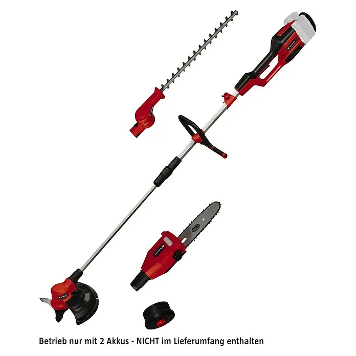 Einhell Power X-Change 18V Multigartengerät GE-LM 36/4in1 Li-Solo - 36 V, Li-Ionen, Ohne Akku - Ein vielseitiges Akku-Gartengeräte-Set mit Heckenschere, Hochentaster und Rasentrimmer für die Gartenpflege.
