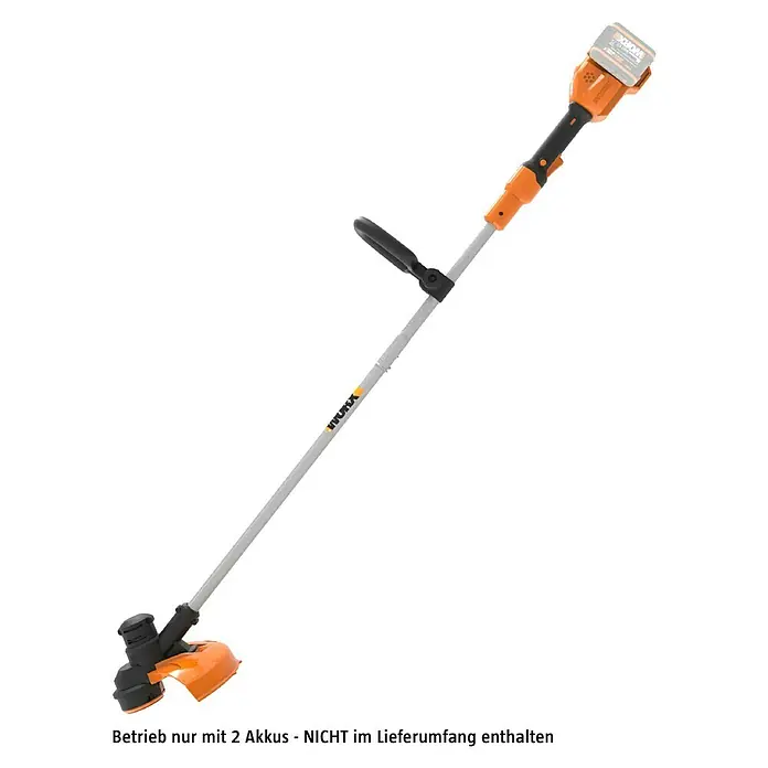 Worx PowerShare 20V Akku-Rasentrimmer WG183E.9 - 40 V, 2 Ah, Li-Ionen, Ohne Akku - Abbildung eines orangefarbenen WORX Akku-Rasentrimmers, kabellos, mit verstellbarem Schaft und Trimmerkopf für präzises Kantenschneiden.