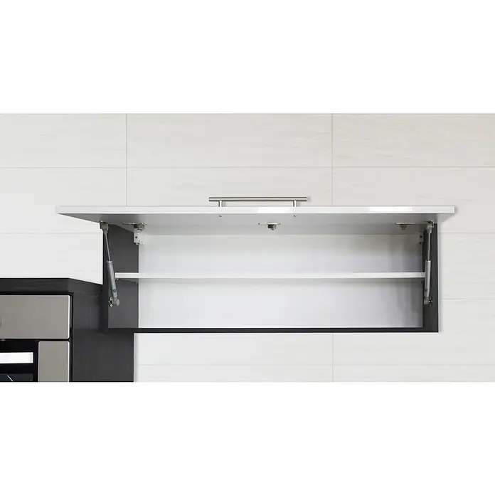 Respekta Premium Küchenzeile RP270HESBO - Breite: 270 cm, Schwarz, Mit Elektrogeräten - Offener Küchenschrank mit weißer Front und grauem Rahmen, ausgestattet mit einem Regal und einem Griff.
