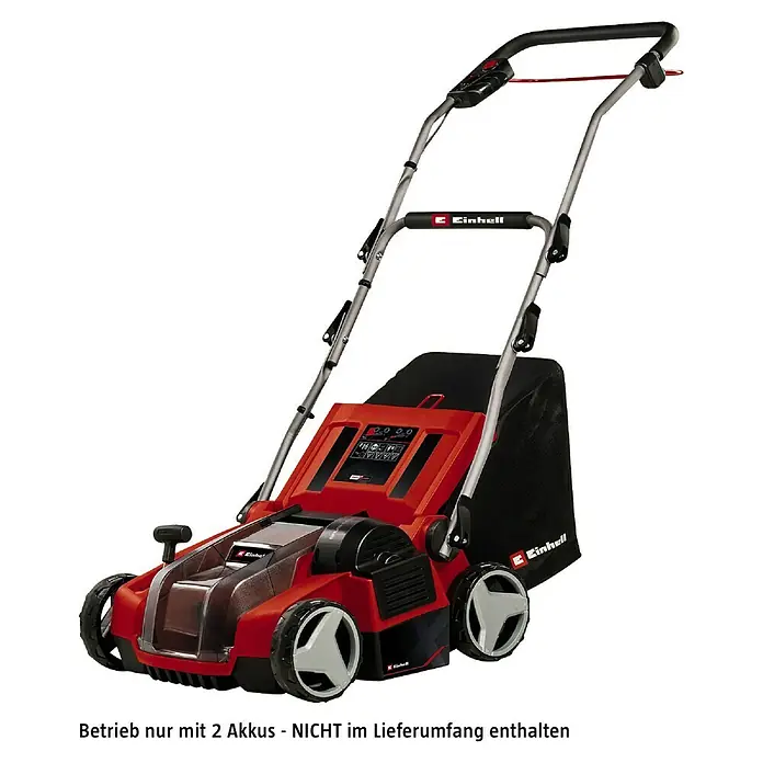 Einhell Power X-Change 18V Akku-Vertikutierer-Lüfter GE-SA 36/35 - Anzahl Akkus: Ohne Akku, 36 V, Arbeitsbreite: 35 cm - Ein roter Einhell Akku-Rasenmäher mit silbernen Griffen und schwarzen Akzenten, der auf einem schwarzen Hintergrund steht.