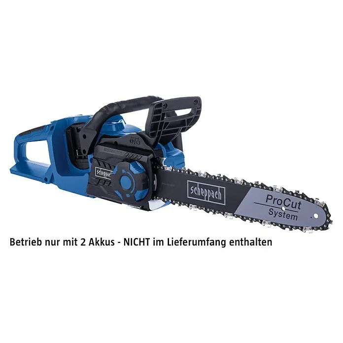 Scheppach IXES 20V Akku-Kettensäge BC-CS355DUO-X - 40 V, Ohne Akku, Schwertlänge: 35,6 cm - Abbildung einer Scheppach Akku-Kettensäge mit ProCut System, ideal für den Baumschnitt und die Gartenarbeit. Das Gerät ist blau und schwarz.