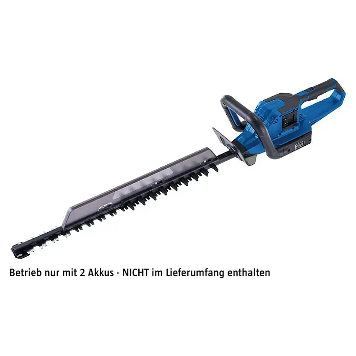 Scheppach IXES 20V Akku-Heckenschere BC-HT720-X - 40 V, Ohne Akku, Schnittlänge: 650 mm - Das Bild zeigt eine blaue Scheppach Akku-Heckenschere mit einem langen Schwert vor einem schwarzen Hintergrund. Sie ist ein Werkzeug für den Gartenschnitt.