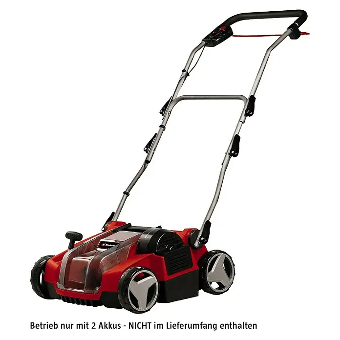 Einhell Power X-Change 18V Akku-Vertikutierer-Lüfter GE-SC 36/35 LI SOLO - Anzahl Akkus: Ohne Akku, 36 V - Bild einer Einhell Elektro-Vertikutierers mit Fangkorb, der für die Rasenpflege verwendet wird. Er ist rot und schwarz.
