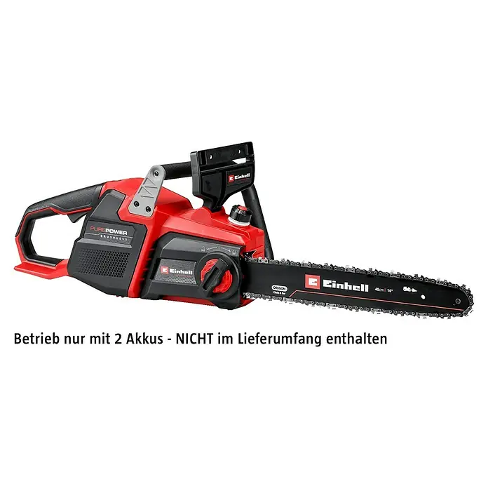 Einhell Professional Akku-Kettensäge GP-LC 36/40 - 36 V, Li-Ionen, Ohne Akku, Schwertlänge: 40 cm - Eine rote Einhell Akku-Kettensäge mit einer schwarzen Kette und einem schwarzen Griff vor einem dunklen Hintergrund.