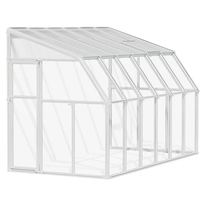 Palram – Canopia Terraza Solarium Sun Room - Medidas ext. (An x Pr): 386 x 200 cm, Plástico, Blanco - Un invernadero blanco con paredes transparentes y techo inclinado. Ideal para cualquier jardín, proporciona protección y condiciones óptimas.
