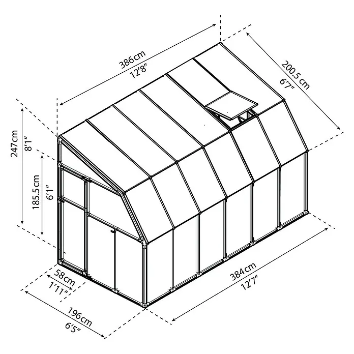 Palram – Canopia Terraza Solarium Sun Room - Medidas ext. (An x Pr): 386 x 200 cm, Plástico, Blanco - Ilustración de un invernadero con dimensiones de largo, ancho y alto en centímetros y pulgadas.