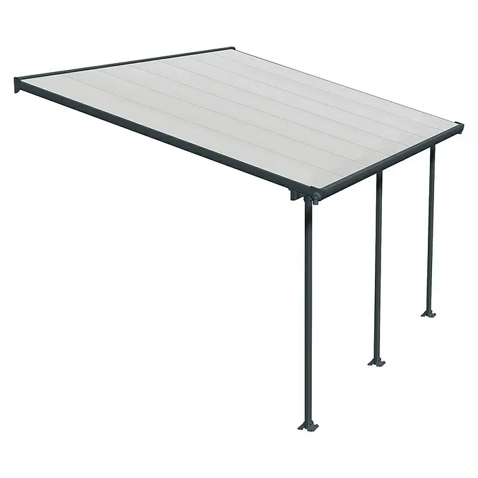 Solid Elements Marquesina adosada Feria - An x Pr: 425 x 300 cm, Gris antracita, Policarbonato, Transparente - La imagen muestra una cubierta de patio moderna con marcos grises y un techo blanco a rayas, ideal para espacios exteriores.