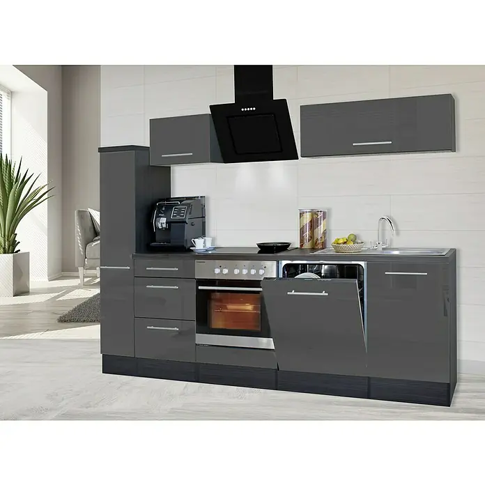 Respekta Premium Composición de cocina Amanda Alto - Ancho: 250 cm, Roble/Gris, Con electrodomésticos - Mueble de cocina gris moderno con fregadero, vitrocerámica, horno, campana extractora y lavavajillas para una cocina práctica.