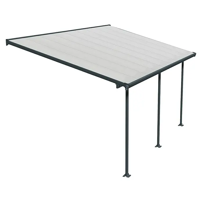 Solid Elements Marquesina adosada Feria - An x Pr: 546 x 300 cm, Gris antracita, Policarbonato, Transparente - Pérgola con marcos grises y revestimiento de techo blanco, que ofrece sombra y protección. La construcción robusta garantiza estabilidad y durabilidad.