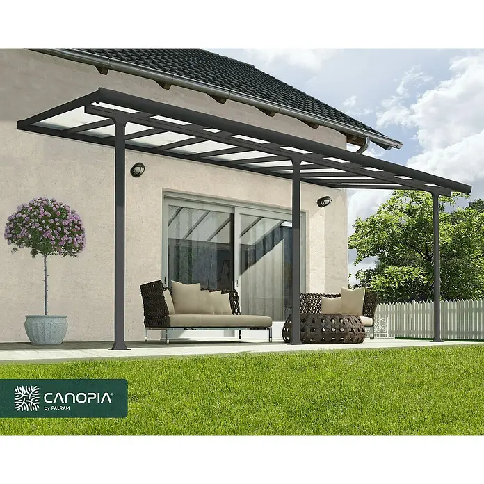Solid Elements Marquesina adosada Feria - An x Pr: 546 x 300 cm, Gris antracita, Policarbonato, Transparente - La cubierta de patio Canopia ofrece una protección elegante contra el sol y la lluvia, ideal para relajarse al aire libre.