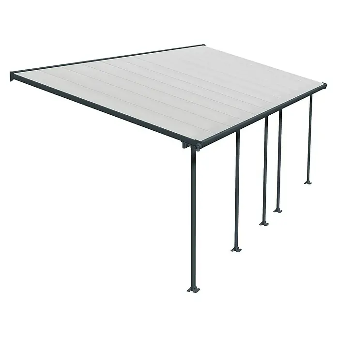 Solid Elements Marquesina adosada Feria - An x Pr: 730 x 300 cm, Gris antracita, Policarbonato, Transparente - La imagen muestra una cubierta de patio moderna con un techo de color claro y postes oscuros, que proporciona sombra y protección contra los elementos.