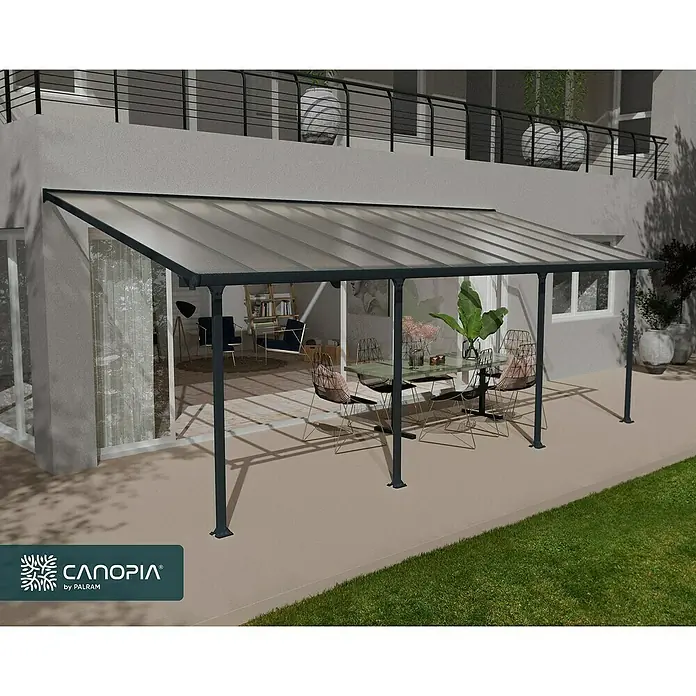 Solid Elements Marquesina adosada Feria - An x Pr: 730 x 300 cm, Gris antracita, Policarbonato, Transparente - La imagen muestra una cubierta de patio Canopia moderna con un diseño limpio, ideal para espacios al aire libre, que brinda protección contra el clima.