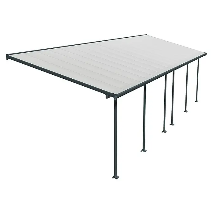 Solid Elements Marquesina adosada Feria - An x Pr: 971 x 300 cm, Gris antracita, Policarbonato, Transparente - Cubierta de patio moderna con estructura gris y techo claro, que proporciona sombra y una adición elegante a cualquier espacio al aire libre.