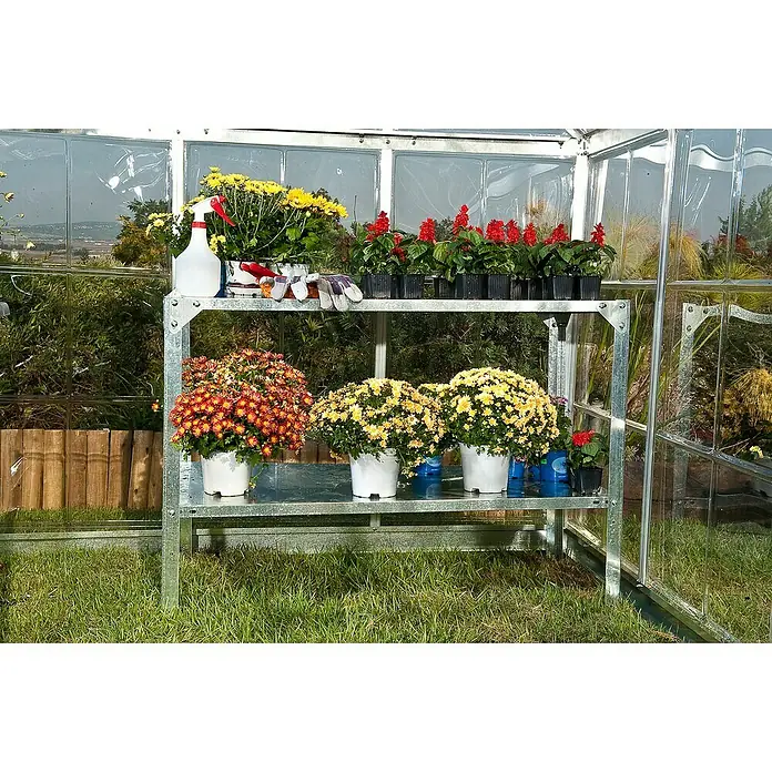 Palram – Canopia Mesa de cultivo - 115 x 51 x 80 cm, Acero, Plateado metálico - Estante de flores en invernadero con flores vibrantes, herramientas de jardinería y pulverizador. Perfecto para cultivar y decorar tu jardín.