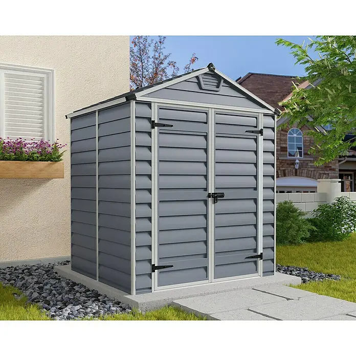 Palram – Canopia Caseta de jardín Skylight - Medidas ext. (An x Pr): 185,5 x 154 cm, Plástico, Antracita/gris - Caseta de jardín gris de plástico con detalles en blanco sobre una base de hormigón.