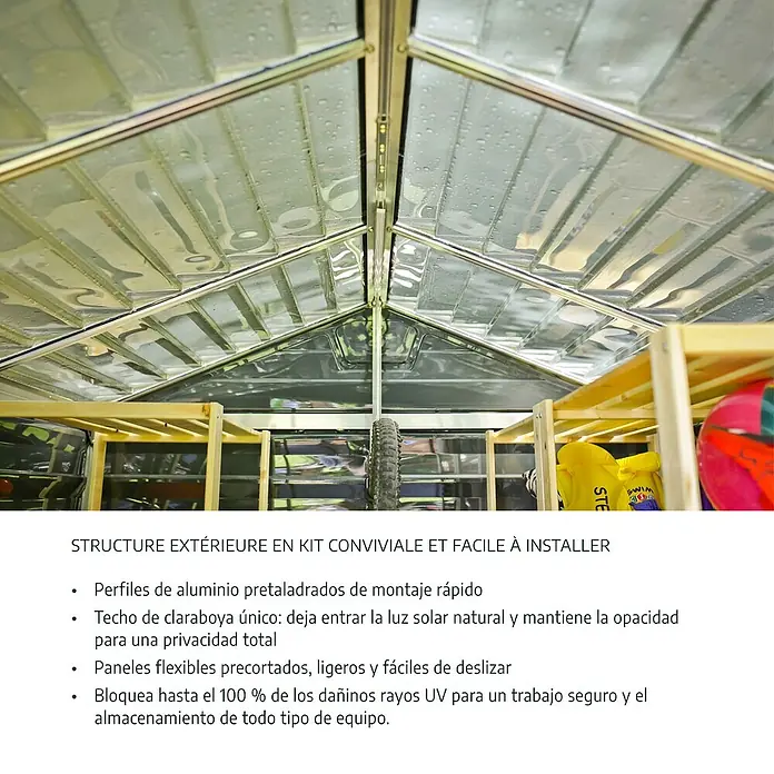 Palram – Canopia Caseta de jardín Skylight - Medidas ext. (An x Pr): 185,5 x 154 cm, Plástico, Antracita/gris - Vista interior de una caseta de jardín con techo translúcido y estructura de aluminio para fácil montaje.