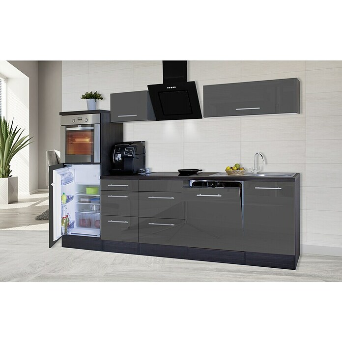 Respekta Premium Composición de cocina (Ancho: 280 cm, Con dispositivos eléctricos, Gris de alto brillo)