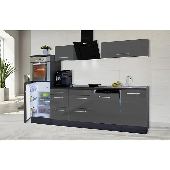 Respekta Premium Küchenzeile RP280HEGBO - Breite: 280 cm, Grau, Mit Elektrogeräten - Bild eines modernen Küchensets in Grau mit hochglänzenden Fronten, inklusive Einbaukühlschrank und Dunstabzugshaube.
