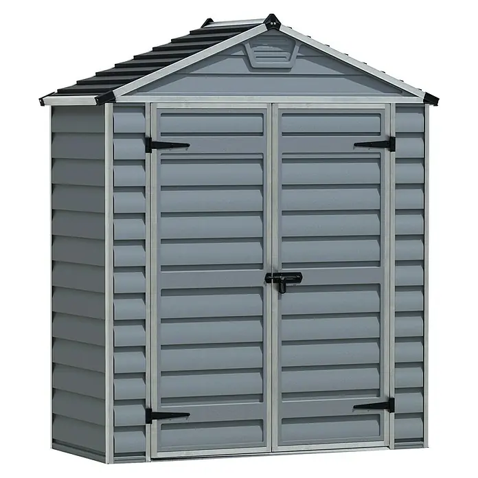 Palram – Canopia Caseta de jardín Skylight - Medidas ext. (An x Pr): 185 x 90 cm, Plástico, Gris oscuro - Imagen de una caseta de jardín gris con puertas dobles y techo a dos aguas. Ideal para el almacenamiento en el jardín.