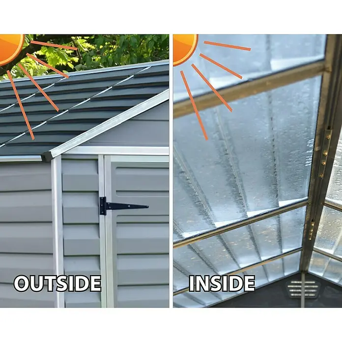 Palram – Canopia Caseta de jardín Skylight - Medidas ext. (An x Pr): 185 x 90 cm, Plástico, Gris oscuro - Vista exterior e interior de un cobertizo de plástico, destacando su construcción robusta y transmisión de luz.