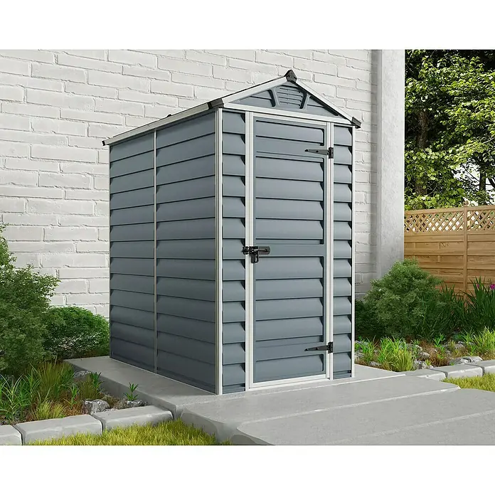 Palram – Canopia Gartenhaus Skylight - Außenmaß inkl. Dachüberstand (B x T): 121 x 177 cm, Kunststoff, Anthrazit/Grau - Graues Gartenhaus mit weißen Akzenten, ideal für die Aufbewahrung von Gartengeräten und -möbeln im Außenbereich.