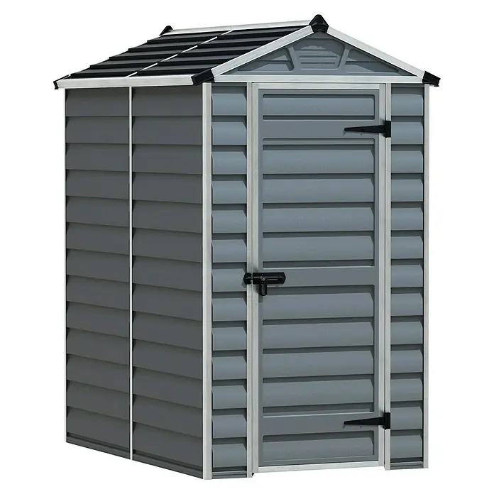 Palram – Canopia Caseta de jardín Skylight - Medidas ext. (An x Pr): 121 x 177 cm, Plástico, Gris oscuro - Una caseta gris con revestimiento horizontal y techo a dos aguas. La caseta tiene una puerta con cerrojo.