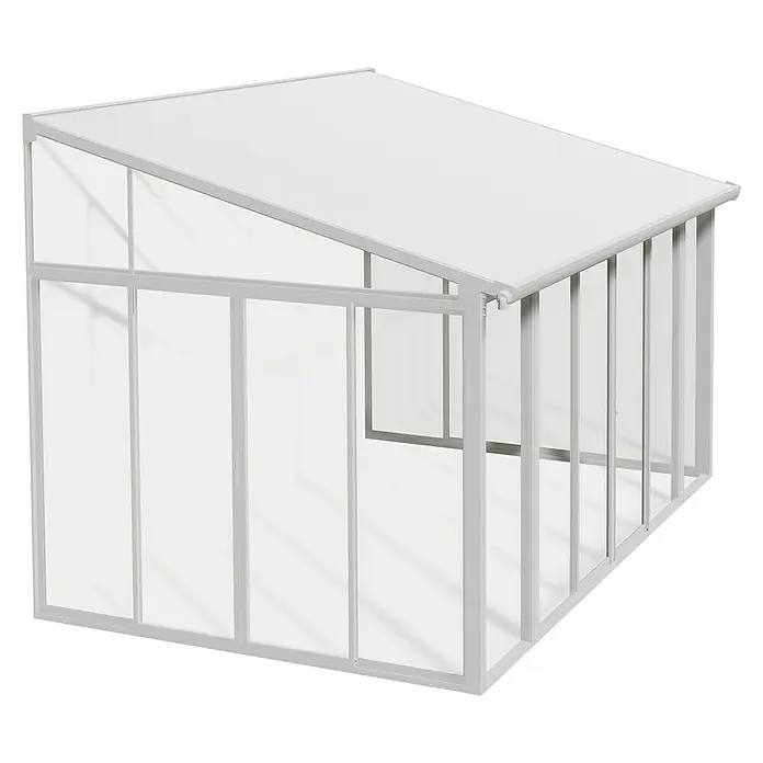 Palram – Canopia Porche acristalado San Remo - An x Pr x Al: 4,25 x 3 x 3,1 m, Blanco tráfico - Un invernadero blanco moderno con paredes de vidrio y techo inclinado. Ofrece una protección ideal para las plantas y alarga la temporada de jardinería.