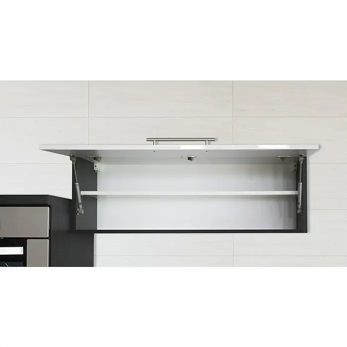 Respekta Premium Küchenzeile RP280EWCBO - Breite: 280 cm, Weiß, Mit Elektrogeräten - Offener weißer Küchenschrank mit Griff und Regalböden. Der Schrank hängt an einer Wand mit hellen Fliesen.
