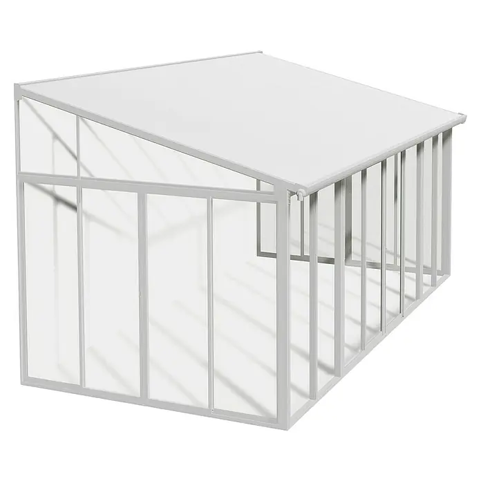 Palram – Canopia Porche acristalado San Remo - An x Pr x Al: 5,46 x 3 x 3,1 m, Blanco tráfico - Vista en perspectiva de un pabellón de jardín blanco con techo inclinado y paneles transparentes sobre fondo negro.