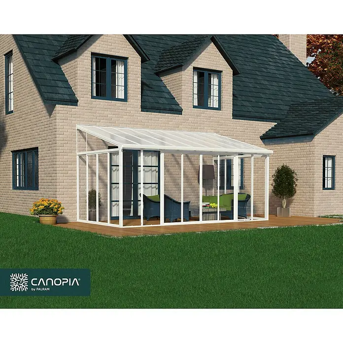 Palram – Canopia Porche acristalado San Remo - An x Pr x Al: 5,46 x 3 x 3,1 m, Blanco tráfico - Una elegante cubierta de patio Canopia independiente, perfecta para espacios exteriores, ofrece protección y comodidad en el jardín.