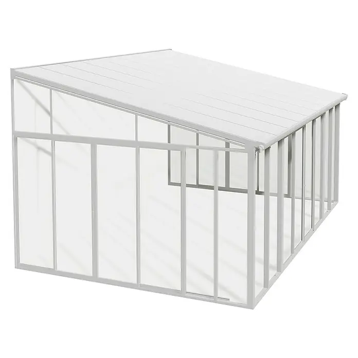 Palram – Canopia Porche acristalado San Remo - An x Pr x Al: 4,25 x 4 x 3,1 m, Blanco tráfico - Imagen de un invernadero de pared blanco con estructura de aluminio y paneles de policarbonato que transmiten luz.
