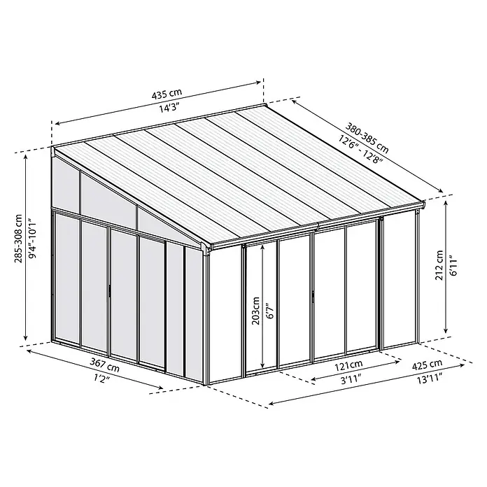 Palram – Canopia Porche acristalado San Remo - An x Pr x Al: 4,25 x 4 x 3,1 m, Gris antracita - Ilustración de un jardín de invierno con dimensiones de longitud, altura y anchura indicadas en centímetros y pies.