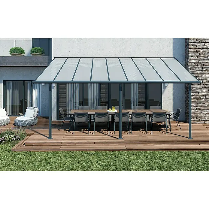 Palram – Canopia Marquesina adosada Olympia - An x Pr: 546 x 300 cm, Gris antracita, Policarbonato, Transparente - Espacio al aire libre con cubierta de patio con techo transparente y una zona de comedor.