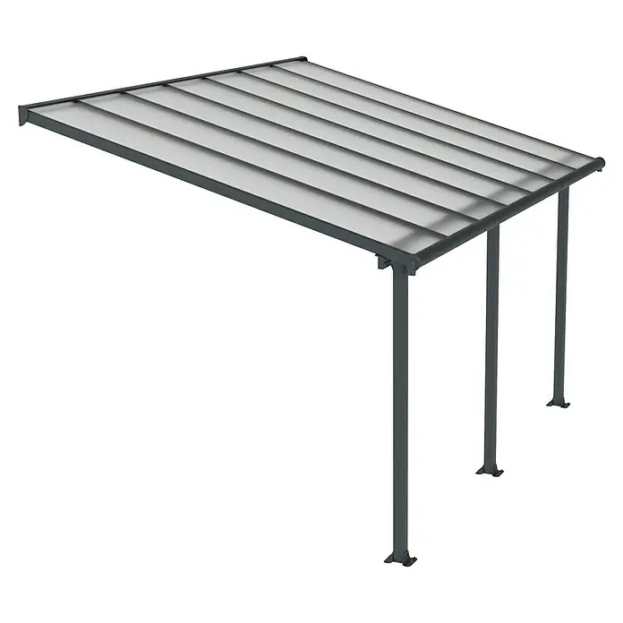 Palram – Canopia Marquesina adosada Olympia - An x Pr: 425 x 300 cm, Gris antracita, Policarbonato, Transparente - Imagen de una moderna cubierta de patio con marco gris y paneles transparentes, que ofrece protección y estilo.